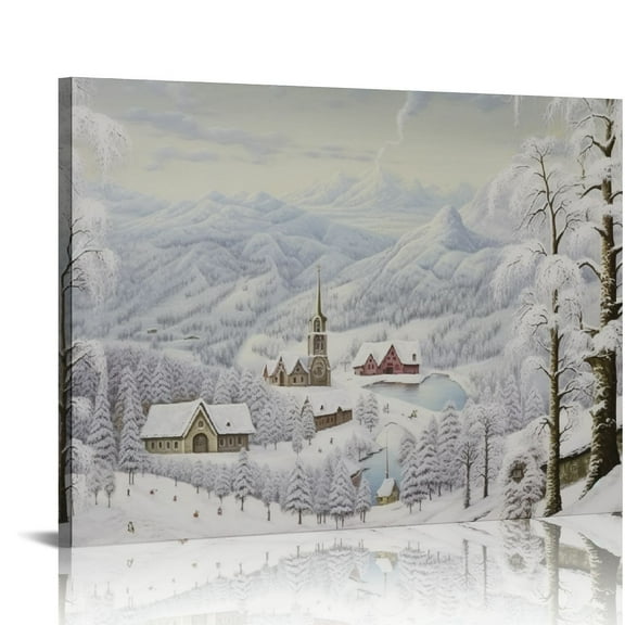 COMIO  Frame Winter Wall Art Snow Tree Canvas Wall Decor Snowing village Hang Artwork Christmas Gift Prints Snowy Mountains and Castle painting for Rustic House Living Room Bedroom
