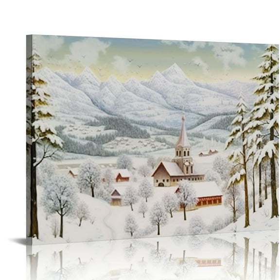 COMIO Frame Winter Wall Art Snow Tree Canvas Wall Decor Snowing village Hang Artwork Christmas Gift Prints Snowy Mountains and Castle painting for Rustic House Living Room Bedroom