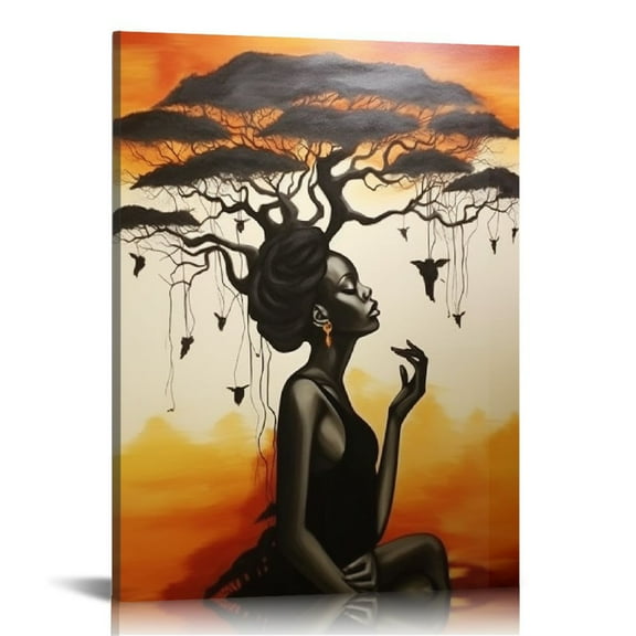 COMIO Framed African American Wall Art Homesick African Woman Posters Canvas Painting Black Girl Abstract African Sunset Landscape Wall Prints Art for Living Room Bedroom Decoration