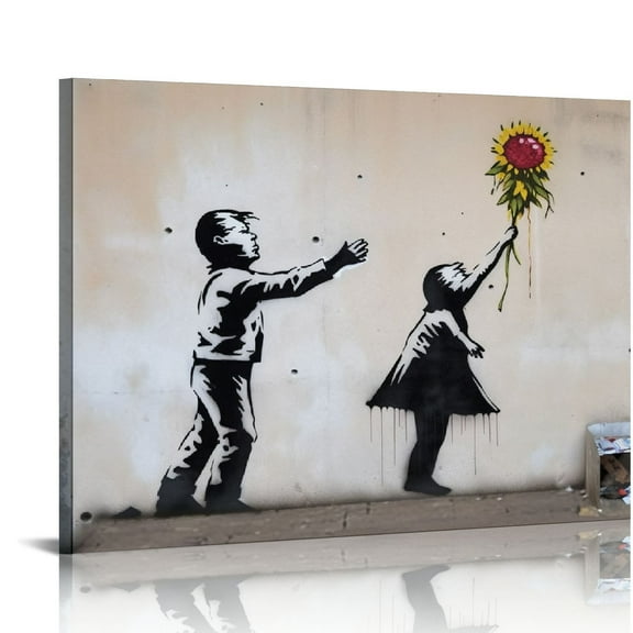 COMIO  Framed Canvas Print Wall Art Banksy Flower Thrower &amp; Balloon Girl Graffiti &amp; Street Art Pop Culture Illustrations Pop Art Bohemian Dark for Living Room, Bedroom, Office