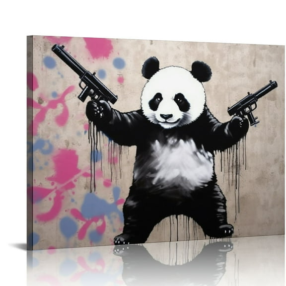 COMIO  Framed Canvas Print Wall Art Banksy Panda with Guns Graffiti &amp; Street Art Cityscape Illustrations Pop Art Bohemian Scenic for Living Room, Bedroom, Office