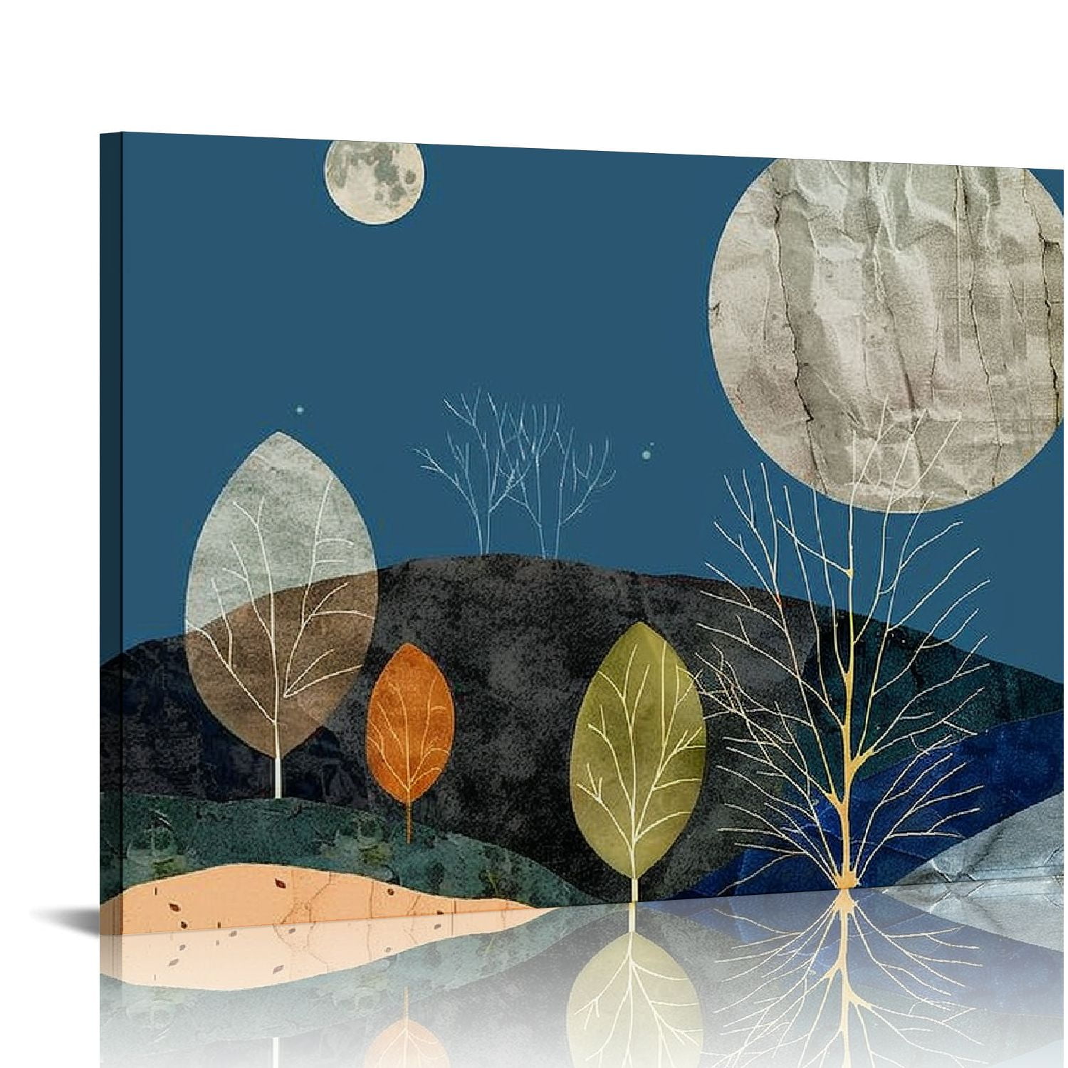 COMIO Framed Canvas Print Wall Art Gray and Orange Mountain Landscape with Moon Nature