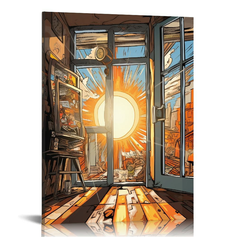 COMIO Framed Canvas Print Wall Art Set Mid-Century Ocean Sunset Sun ...