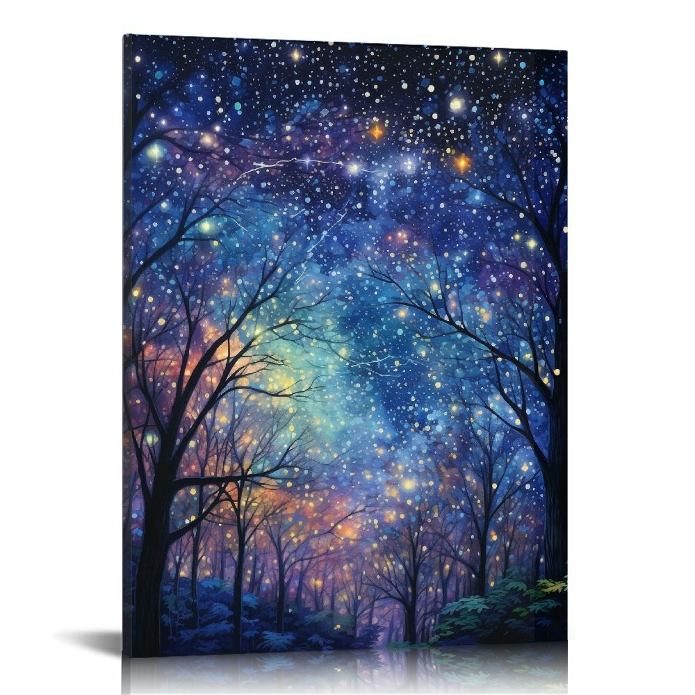COMIO Framed Canvas Print Wall Art Watercolor Starry Sky Over Night ...