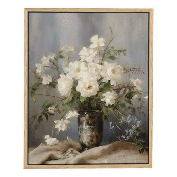 COMIO Framed Canvas Print Wall Art White Forest Gardenia Flower Bouquet Nature Wilderness Illustrations Realism Rustic Floral Decorative Botanical for Living Room, Bedroom, Office -