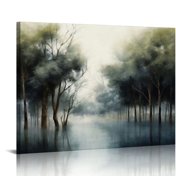COMIO Framed Forest Canvas Wall Art - Indigo Blue Foggy Abstract Trees Pictures for Wall Decor Nature Canvas Painting Modern Printing Artwork for Living Room Bedroom Home Office Wall Decoration