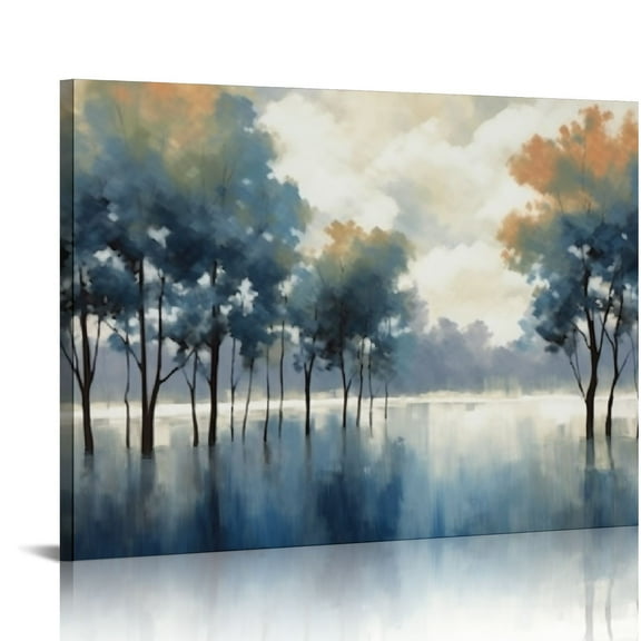 COMIO Framed Forest Canvas Wall Art - Indigo Blue Foggy Abstract Trees Pictures for Wall Decor Nature Canvas Painting Modern Printing Artwork for Living Room Bedroom Home Office Wall Decoration.