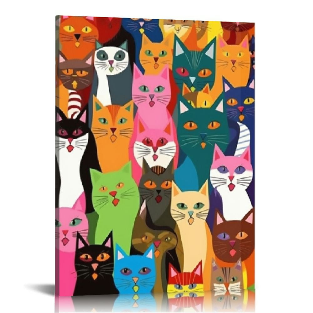 Funny Colorful Cat Canvas Wall Art — Cartoon Kitten Poster, Framed Print, 12x16 Inches, Bathroom Kids Bedroom Decor - View #6