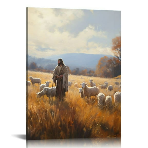 COMIO Framed Jesus and Lamb Canvas Wall Art Jesus Christ The Good Shepherd Picture Prints God Faith Poster Artwork Christian Home Bedroom Decoration
