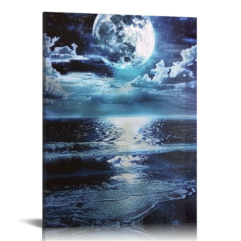 COMIO Framed Moon Over Ocean Canvas Wall Art Night Sky Full Moon White ...