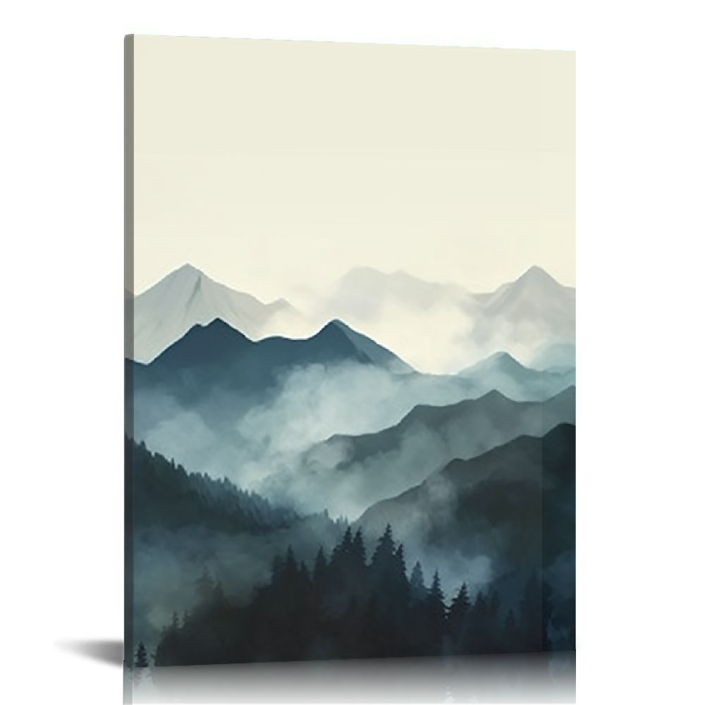 COMIO Framed Mountain Canvas Wall Art Blue Fog Mountain Painting Wall