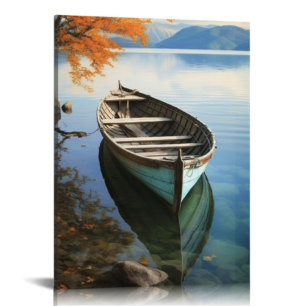 View of COMIO Framed wall Art Boat floating in the middle of the lake, natural ...