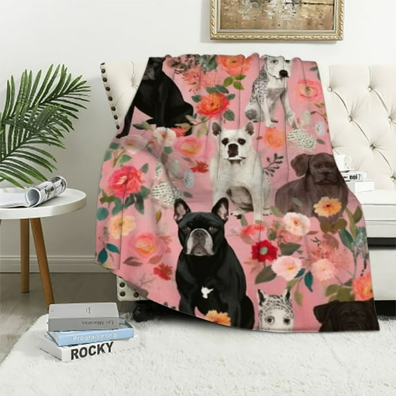 COMIO French Bulldog Blanket Gifts for Women Cute Bulldog Flowers Flannel Throw Blanket Soft Warm Pink Blanket for Bulldog Lovers Decor Bed Couch Living Room for Kids