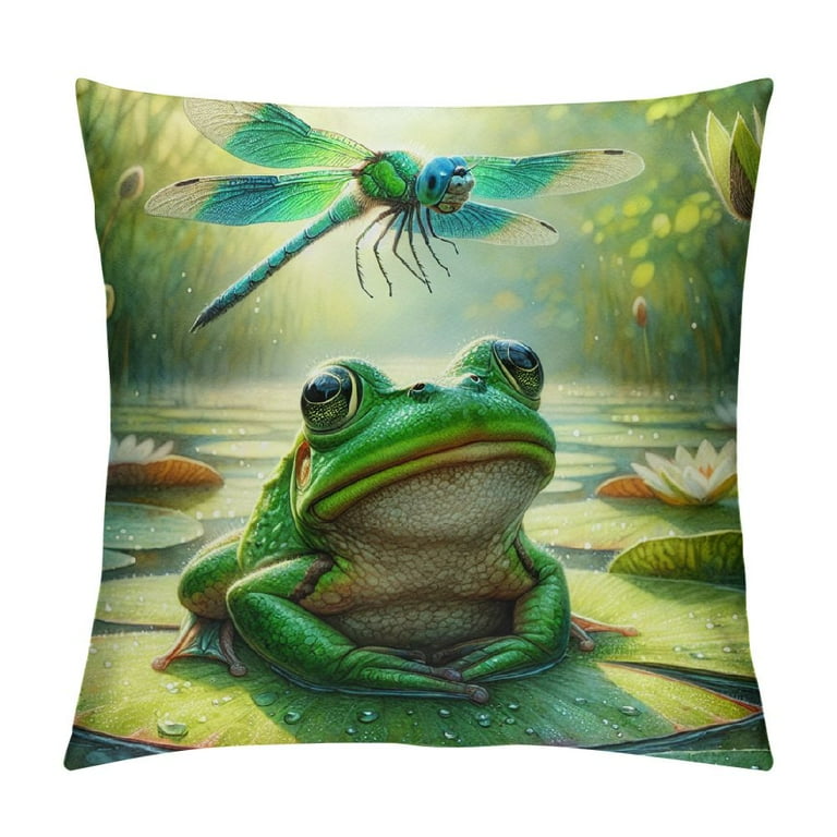 YANMS Frog and Dragonfly Throw Pillow Cover Watercolor Amphibian Predator Insect Fly Bug Wings Pillow Case Decorative Square Cushion for Home Couch