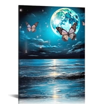 COMIO  Full Moon over Ocean Canvas Art Blue Butterfly Picture Prints Wall Decor for Bedroom Modern Artwork for Home Kitchen
