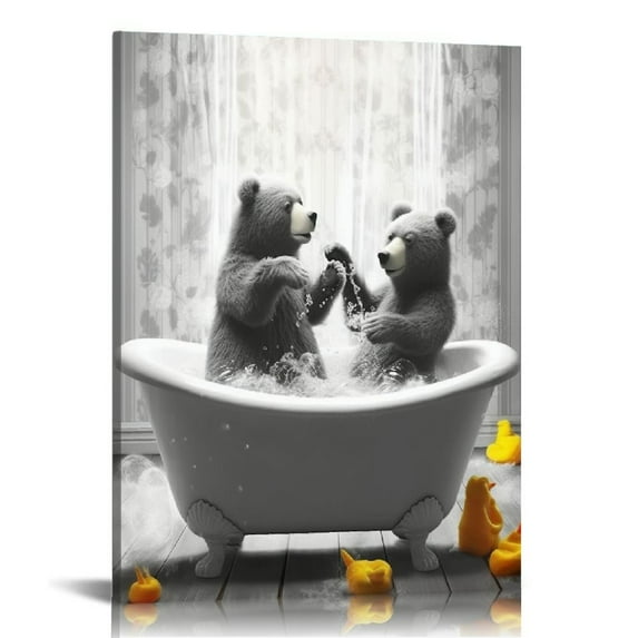 COMIO Funny Bears Bathroom Wall Decor Black and White Bear Canvas Wall Art Cute Animals taking a Bubble Bath Poster Prints Modern Bathroom Accessories