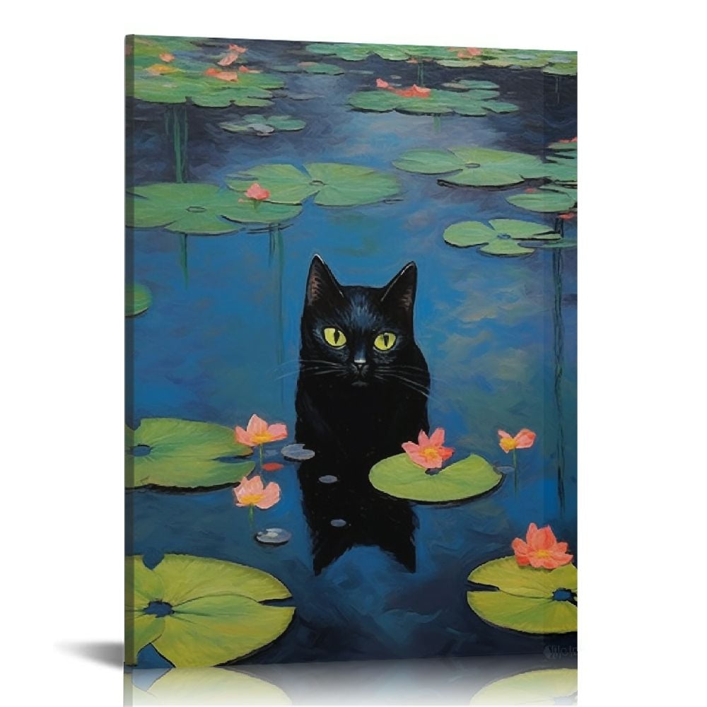 COMIO Funny Black Cat Canvas Wall Art Monet Vintage Floral Waterlily comio-funny-black-cat-canvas-wall-art-monet-vintage-floral-waterlily