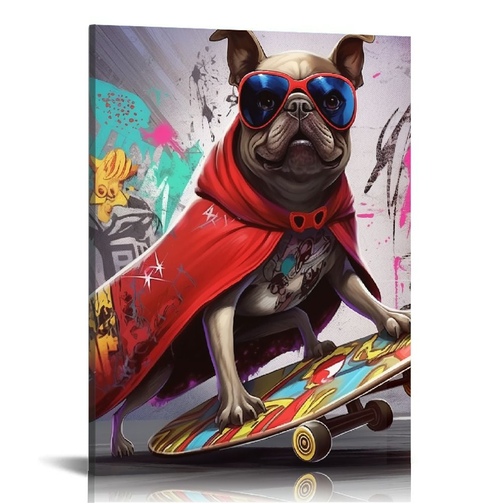 COMIO Funny Canvas Wall Art Funky Dog Play Skateboard Graffiti Picture