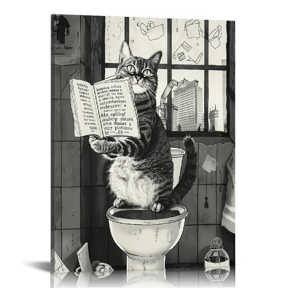 MLJA Funny Cat Bathroom Decor Canvas Wall Art Cute Cat Sitting in ...