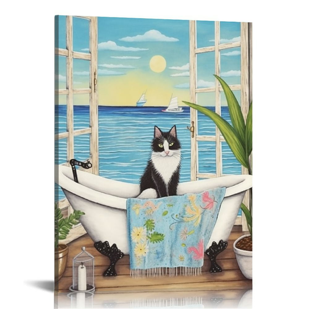 COMIO Funny Cat Bathroom Wall Art Cat in Bathtub Pictures Wall Decor ...