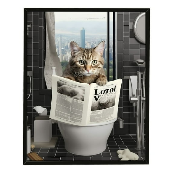 QZHH Funny Cat Sitting in Toilet Reading Newspaper Poster Canvas Wall Art for Toilet Bathroom (Framed) 12x16in