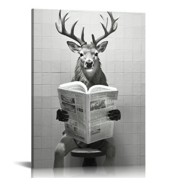 COMIO Funny Deer Bathroom Wall Decoration Black and White Canvas Deer in Bathroom Decoration Pictures Humorous Animal Bathroom Wall Art Printed Country Farmhouse Style Wall Decoration