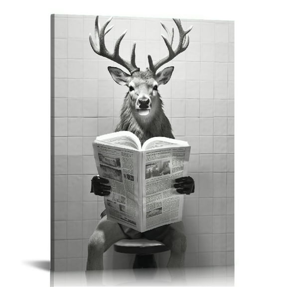 COMIO Funny Deer Bathroom Wall Decoration Black and White Canvas Deer in Bathroom Decoration Pictures Humorous Animal Bathroom Wall Art Printed Country Farmhouse Style Wall Decoration