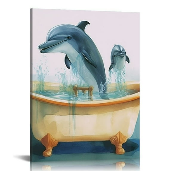 COMIO Funny Dolphin Bathroom Canvas Wall Art Cute Blue Watercolour Dolphin In Bathtub Poster Marine Wildlife Animal Print Paintings Rustic Coastal Bathroom Wall Decor Picture Artwork