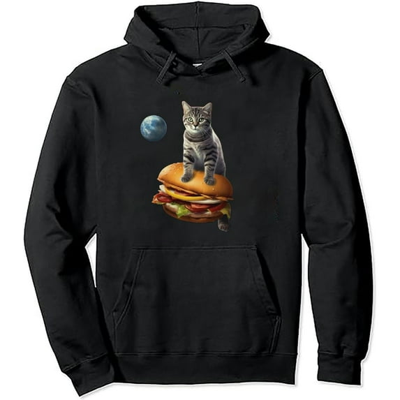 QZHH Funny Graphic Astronaut Cat in Space on Cheeseburger Cat Lover Unisex Graphic Hoodie Sweatshirt