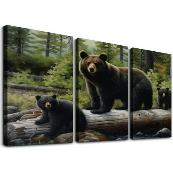 COMIO  Funny Rustic Black Bear Canvas Wall Art Prints Stretched and Framed,Cubs Family Theme Forest Wall Artworks Picture for Bathroom Kitchen Bedroom Winter Decoration 12''x16''X3 Panels