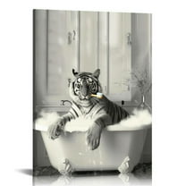 COMIO Funny Tiger Prints - Bathroom Wall Art Decor, Waterproof Black and White Animal Canvas Wall Art Pictures, Wood Framed Funny King Tiger Bathing Animals Abstract Prints for Bedroom