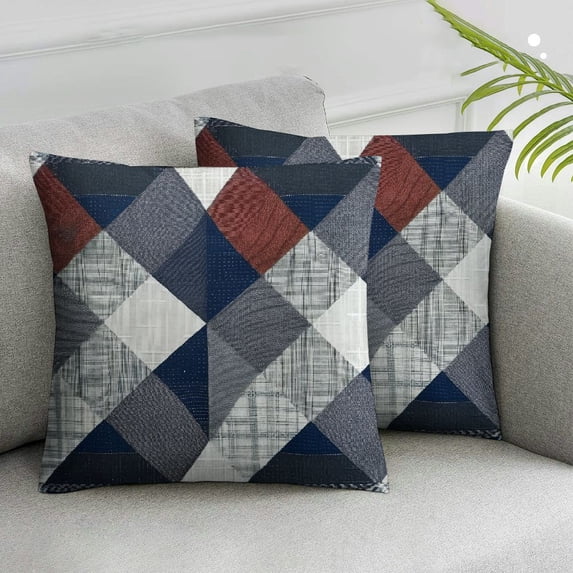 COMIO Geometric Plaids Patchwork Throw Pillow Cover ,Blue Geometry Modern Fashion Double Sides Print Cushion Cover,Abstract Stripes Artwork Square Couch Pillow Cover 2 pcs White