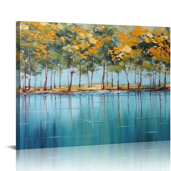 COMIO Gold Ginkgo Tree Canvas Wall Art Nature Painting Modern Blue Landscape Mountain Artwork Scenic Teal Scenery Picture Large Framed for Living Room Bedroom Bathroom Home Office Wall Decor