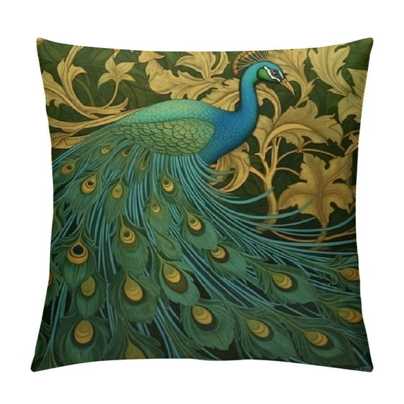 COMIO Gold Peacock Bird Floral Chinoiserie Throw Pillow Cover Aqua and Green Lumbar Pillow Case Cushion Cover Asian Body Pillow Covers Home Decor for Sofa Living Room Bedroom