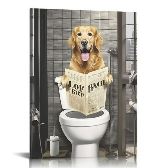 COMIO Golden Retriever Canvas Wall Art Black and White Funny Pictures Farmhouse Bathroom Wall Decor Dog Sitting in Toilet Painting for Toilet Bathroom Dog Artwork
