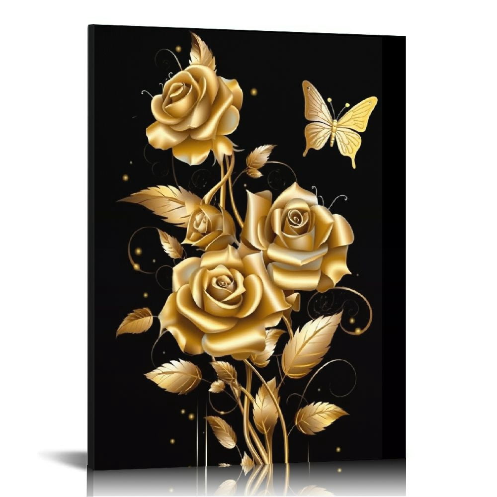 COMIO Golden rose wall art, black and gold rose canvas wall art ...