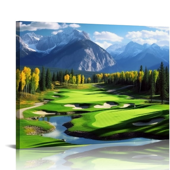 COMIO Golf Course Landscape Painting On Canvas Green Lake Green Hills Contemporary Wall Art Giclee Frame Landscape Art HD Printed Picture Living Room Photo Decor 20x16in