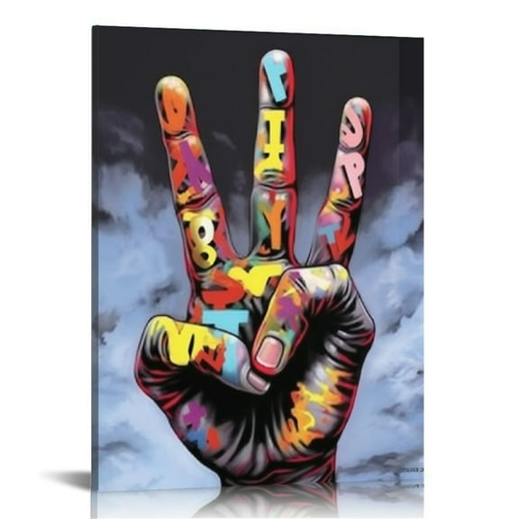 COMIO Graffiti Wall Art Banksy Canvas Painting Abstract Colorful Gesture Wall Decor Street Pop Art Prints Picture Framed Wooden for Living Room Bedroom Teens Office 16x20 inch