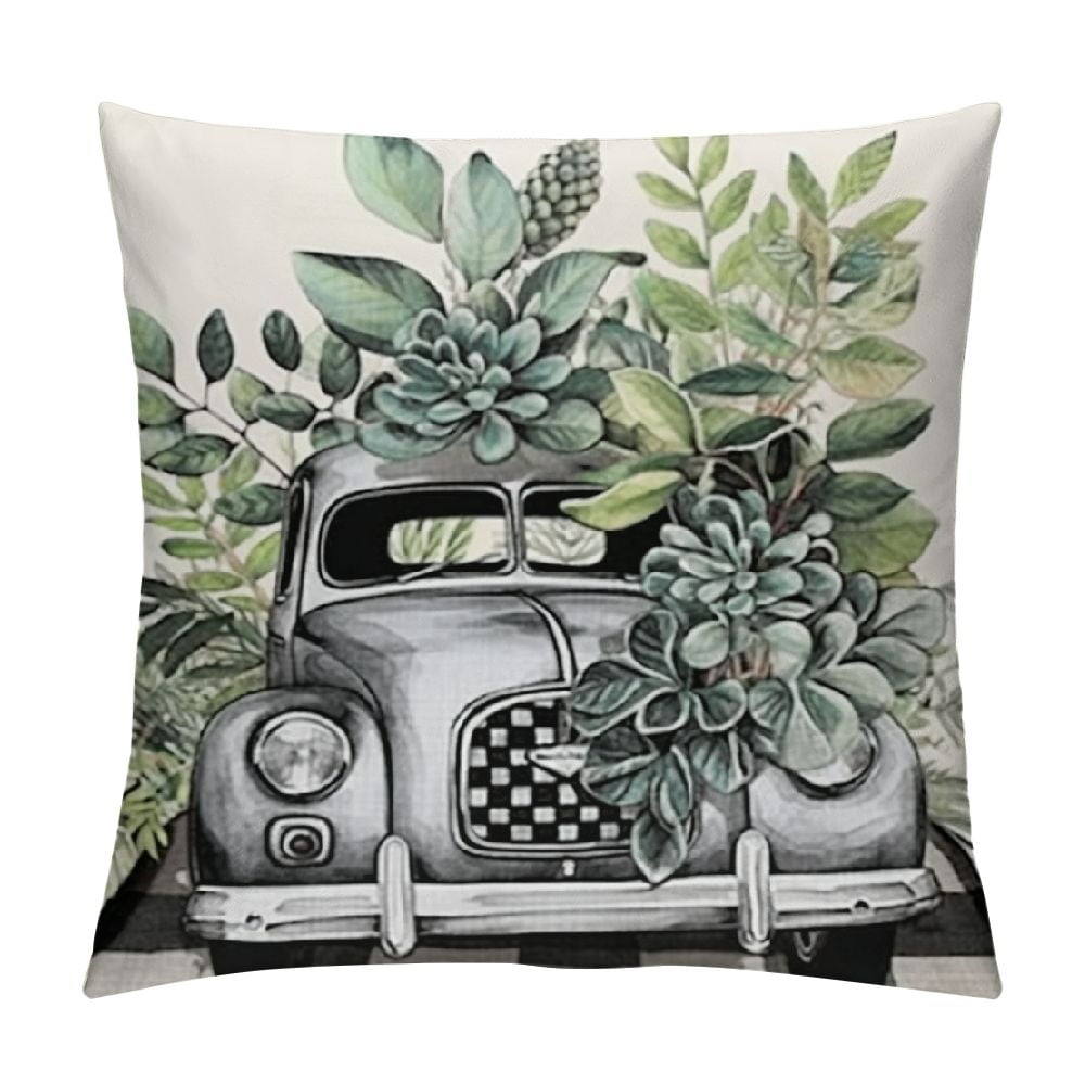 COMIO Green Eucalyptus Leaf Pillow Covers Sage Green Plant with Black and White Plaid Truck