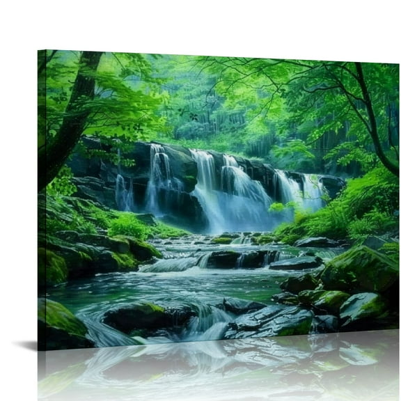 COMIO Green Forest Canvas Wall Art Waterfall Pictures Wall Decor Green Nature Landscape Canvas Painting Calming Nature Scene Canvas Print Artwork for Living Room Office Home Wall Decoration