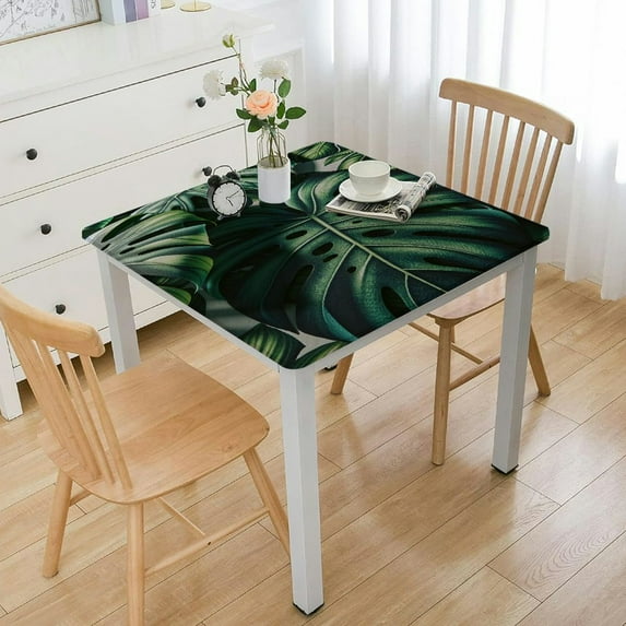 COMIO Green Leaves Tropical Palm Leaf with Good Vibes Funny Quote Decorative Square Tablecloth Outdoor Fitted White