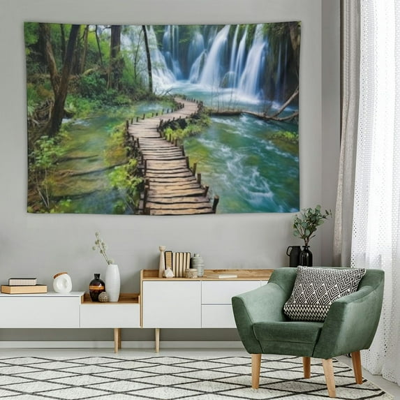COMIO Green Nature Landscape Tapestry Rainforest Tapestry Waterfall Tapestries River Wooden Bridge Wall Hanging Tapestry For Living Room Bedroom Dorm Home Decor Large