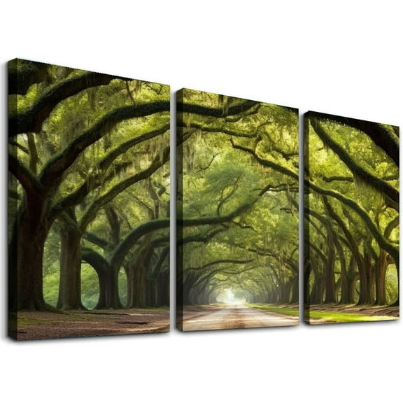 COMIO Green Oak Trees Wall Art Canvas Nature Forest Landscape Fall Picture Wall Decor Artwork Framed Poster Print Modern Stretched and Framed Ready to Hang 12''x16''X3 Panels