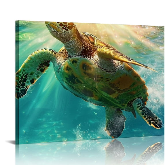 COMIO Green Sea Turtle Wall Decor Tropical Canvas Wall Art Prints Hawaii Turtle Picture Gift Florida Sea Life Teal Watercolor Ocean Animal Painting Small Framed Pictures for Bathroom Living Room