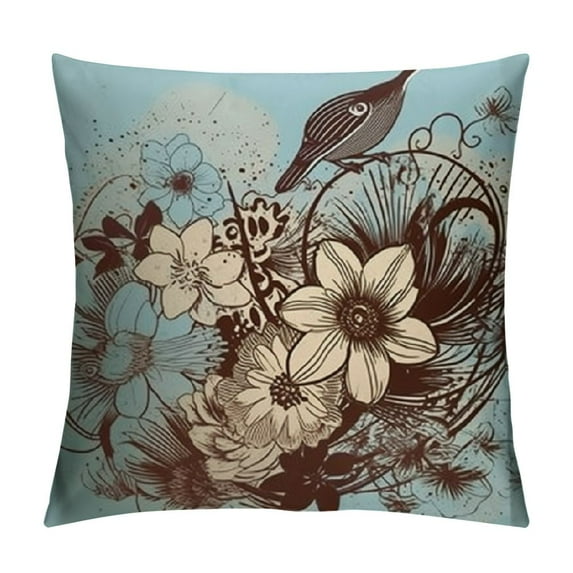 MLJA Grunge Throw Pillow Cushion Cover, Murky Floral Dragonfly Background with Swirls and Petal Retro Graphic, Decorative Square Accent Pillow Case, Brown