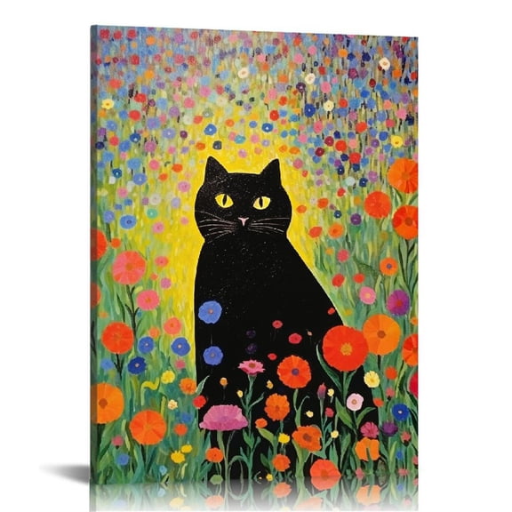 COMIO Gustav Klimt Canvas Wall Art Famous Garden Flower Black Cat Poster Funny Cat Floral Print Colorful Abstract Farmhouse Gallery Aesthetic Room Decor for Bedroom Bathroom