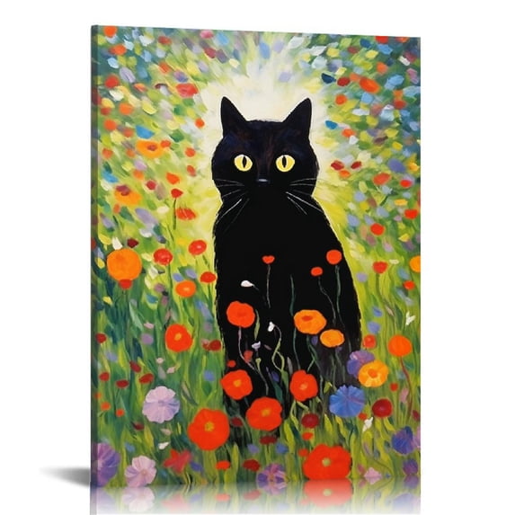 COMIO Gustav Klimt Garden Cat Wall Art - Klimt Flowers Cat Wall Art Prints - Black Cat Klimt Art - Klimt Floral Cat Canvas Print - Klimt Cat Poster - Klimt Garden Cat Wall Decor