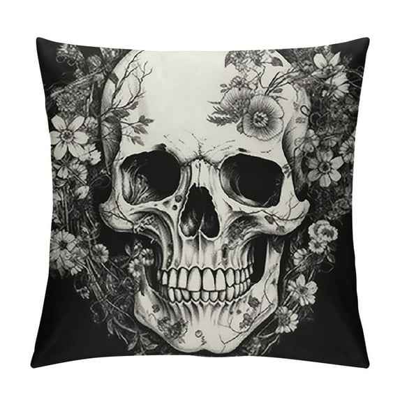 COMIO Halloween Skull Pillow Covers Goth Halloween Decorations Black White Skeleton with Flower Butterfly Pillow Cases for Home Sofa Couch
