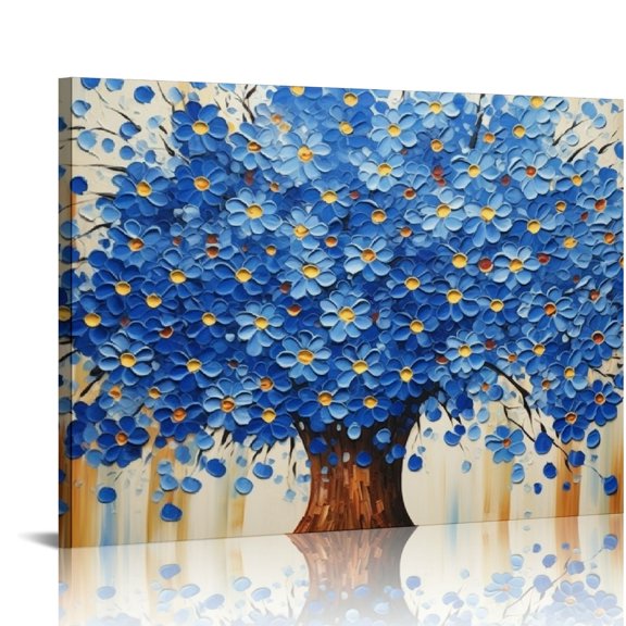 COMIO Hand Painted Abstract Canvas Wall Art Modern Textured Blue Flower Oil Painting Contemporary Artwork Floral Hanging Decor Stretched And