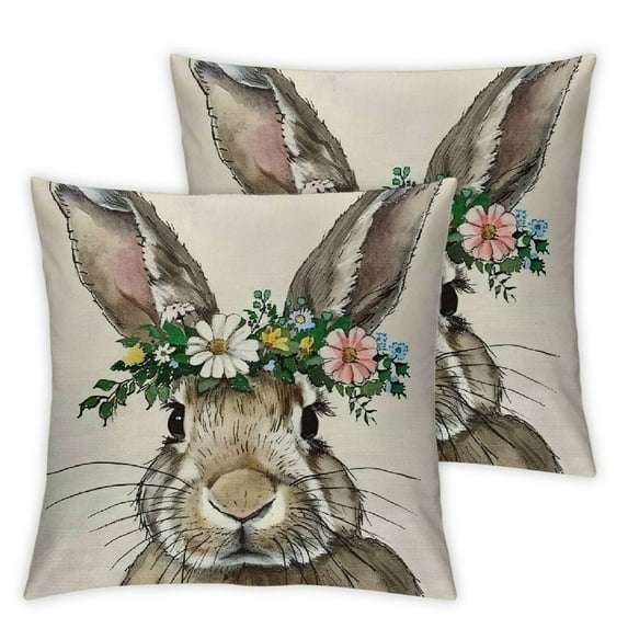 COMIO Happy Easter Bunny Egg Decorative Throw Pillow Covers Hello Peeps Religious Pink Stripe Rabbit Porch Home Decor, Floral Wreath Farmhouse Outdoor Sofa Couch Cushion Case&nbsp;2pc